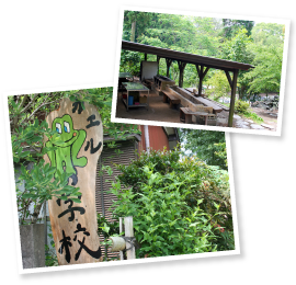 かえるの学校では野菜の収穫体験、おくらうどん打ち、石釜ピザ作りの他、ウサギやヤギとのふれあいなども楽しめる。