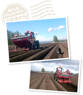 北の大地に遅い春が到来する5月の初旬、種芋を植え付けが始まる。30ヘクタールという広大なじゃがいも畑に家族とスタッフ1人で臨む。