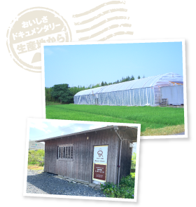 足太あわび茸の栽培ハウス（画像上）・直売所「竜王きのこ農園 Reco's Farm」（画像下）。周りには緑豊かな田園風景が広がる。滋賀県下において野菜、果樹の一大産地である竜王町を象徴する景色だ。